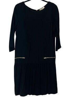 Sandro Paris Black Drop Waist Dress 2 FR38 US6 Gold Zip Pleated 3/4 Sleeve Mini